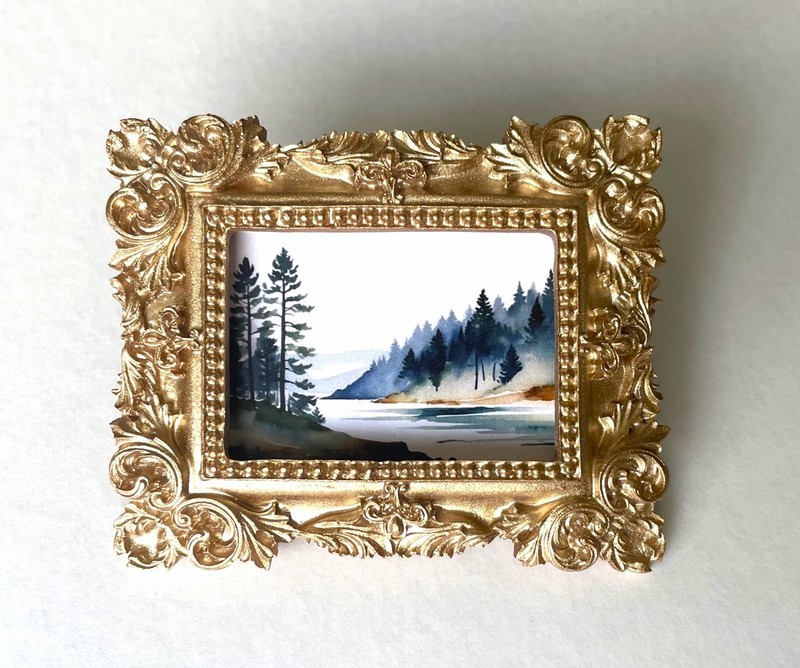 PNW Landscape Framed Tiny Miniature Mini ART PRINT Gold Ornate Frame *NOT ACEO*