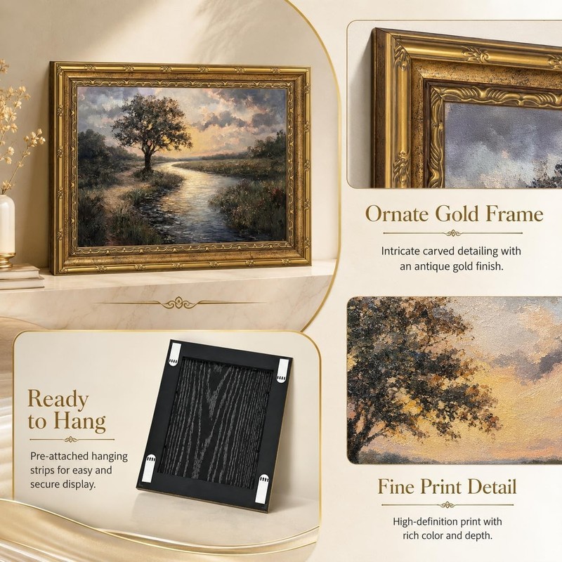 Gold Framed Canvas Wall Art, Serene River Tree Sunset Landscape Painting, Cla... gallery