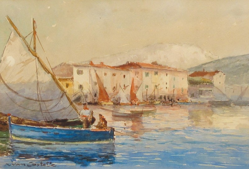 Antique French Watercolor Seascape Cassis Mediterranean Sea Provence Riviera