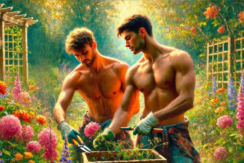 Original gay LGBTQ art giclée painting «Gardening 3» artist signed/numbered