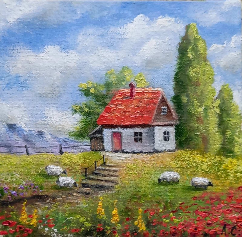 Summer Oil painting Original Country Landscape meadow Flower Wall Art 6 x 6 in