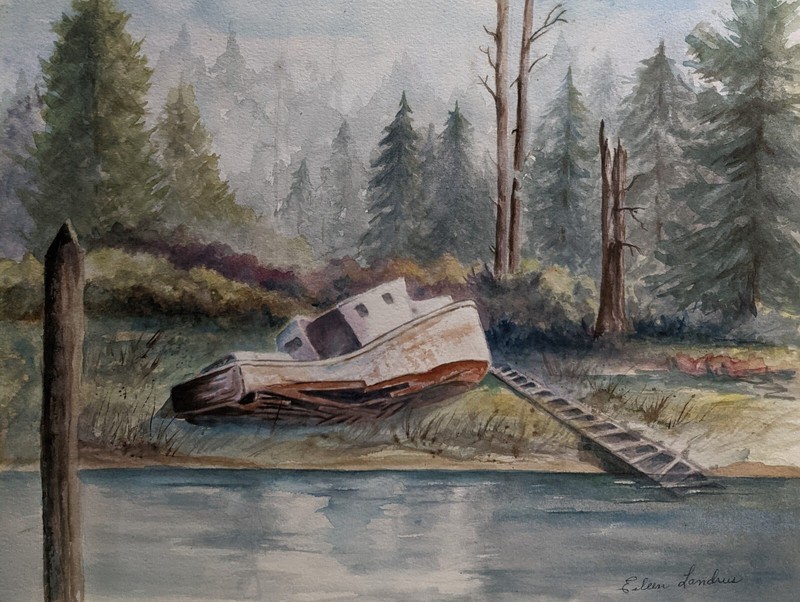 #2 SHIPWRECK WOODS FOREST PACIFIC NORTHWEST BOAT BEACH WATERCOLOR (Moving Sale)