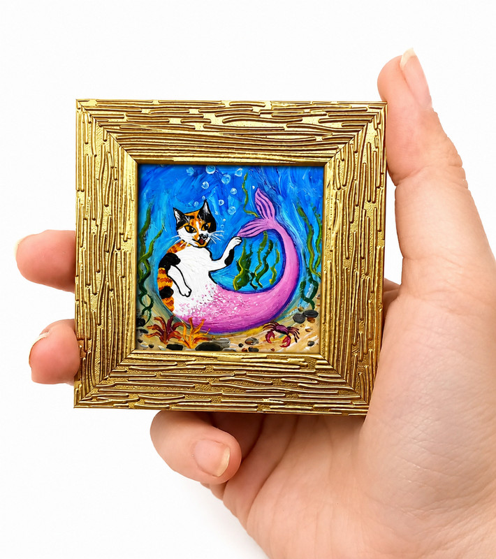 Mermaid Cat Oil Painting, Calico Cat Fantasy Original Art, Dopamine Decor, Gift