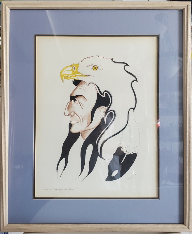 VINTAGE Listed Artist Native American chief Eagle Folk Art watercolor painting