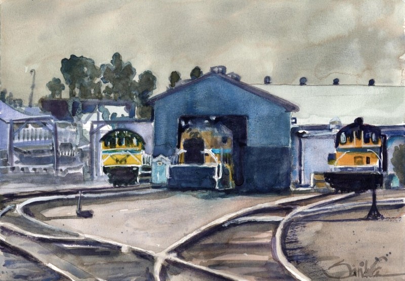 Ventura Co. Train Yard : SIGNED LE Art Print : Sandra Watercolors™ California