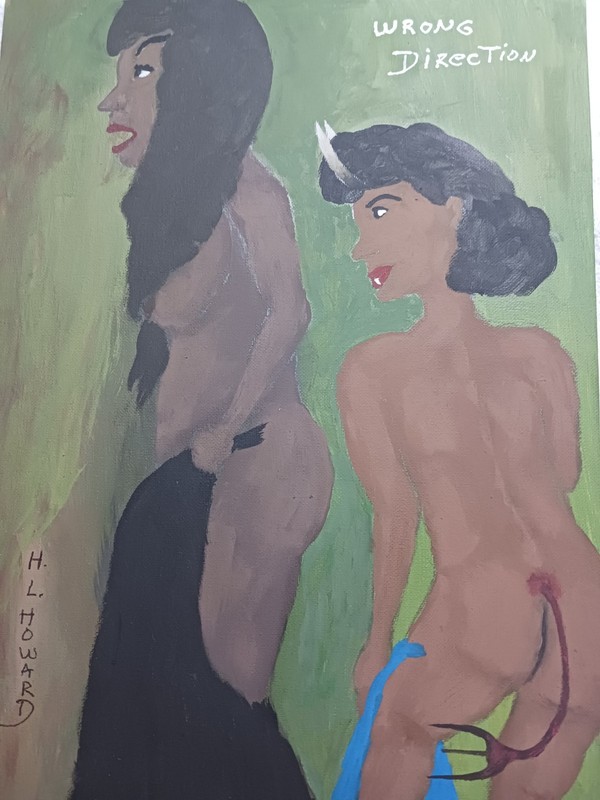 UNIQUE DEVIL & BLACK WOMAN PAINTING 12X16 TITLED (WRONG DIRECTION)- SIGNED