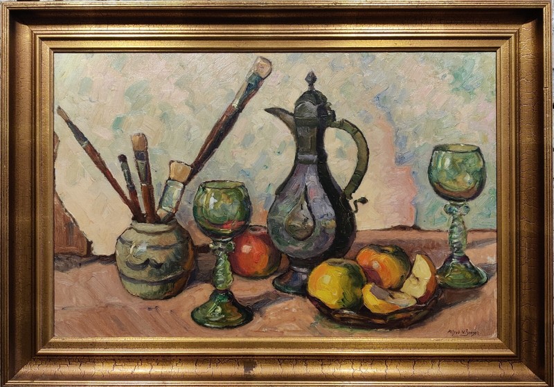 Alfred V. Jensen (1891-1981): STILL LIFE WITH BRUSHES AND ORIENTAL JUG