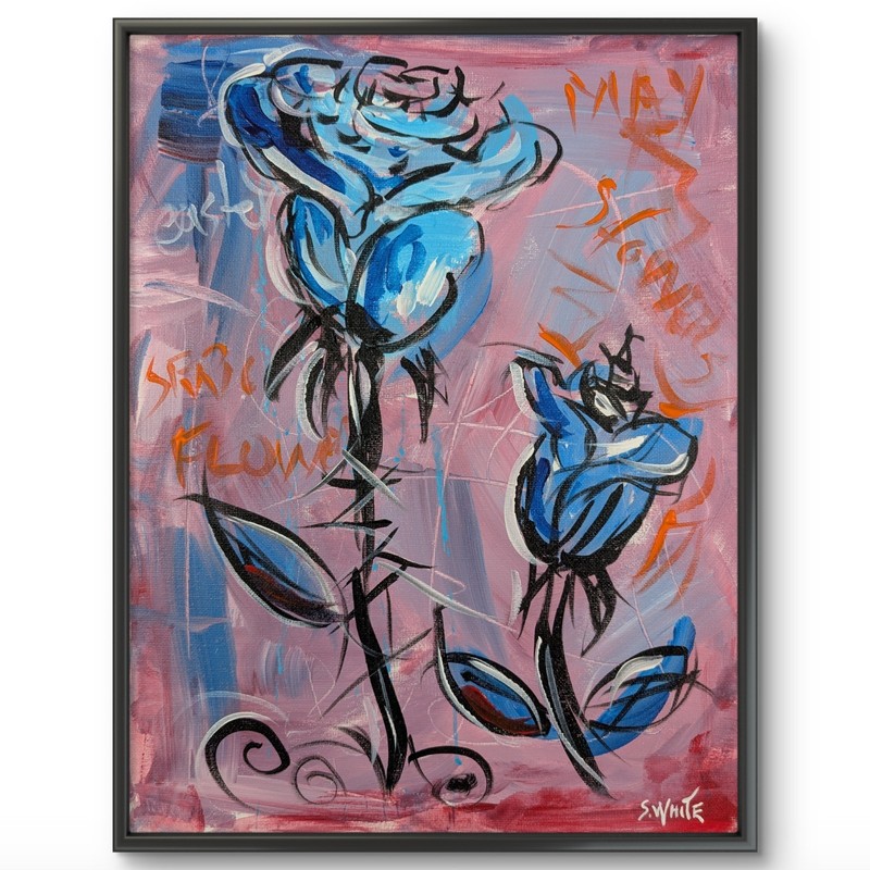 Abstract Blue Rose 11×14 Acrylic Painting Canvas Modern Flower Garden Art SWhite
