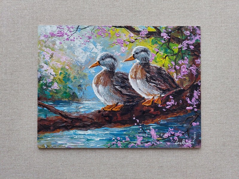 Ducks in Love Oil Painting. Loving Duck Couple on Branch Overlooking Bloom Pond