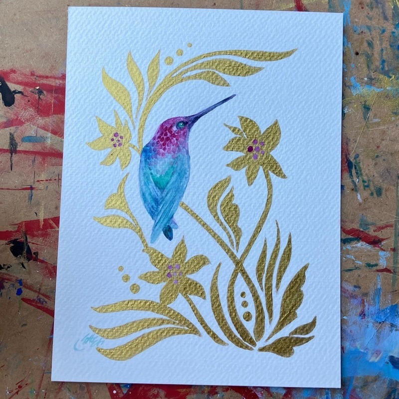 Original painting hummingbird bird art gold plant nature fantasy Artettina USA