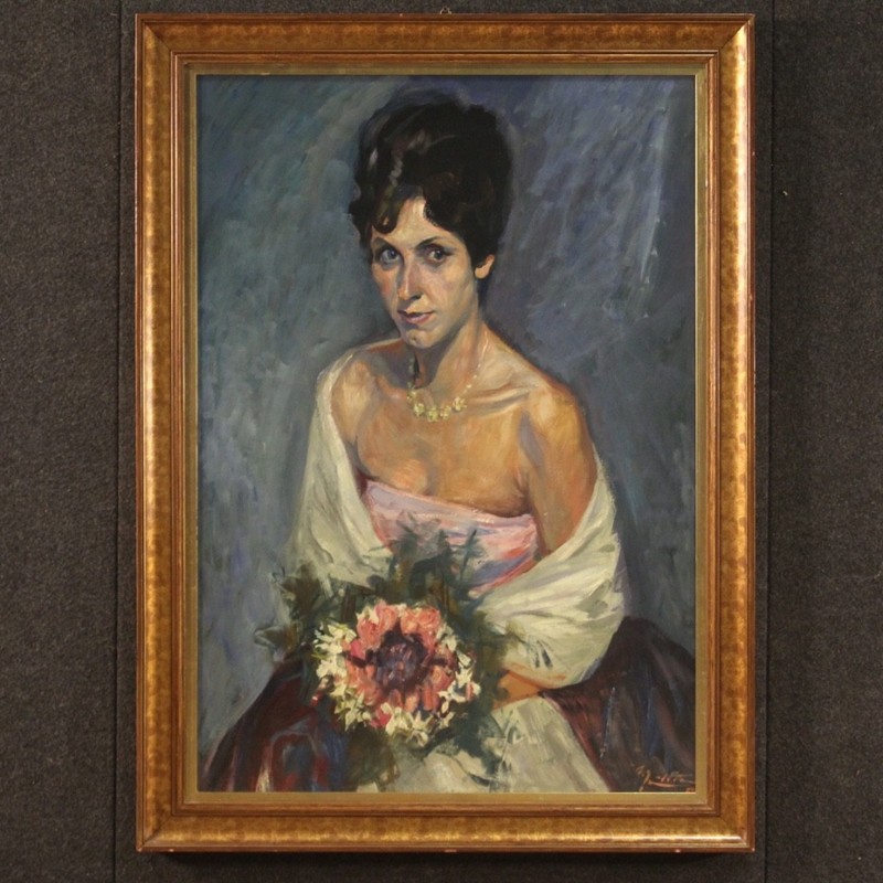 Painting portrait lady framework signed mixed media 900 cardboard 20th century