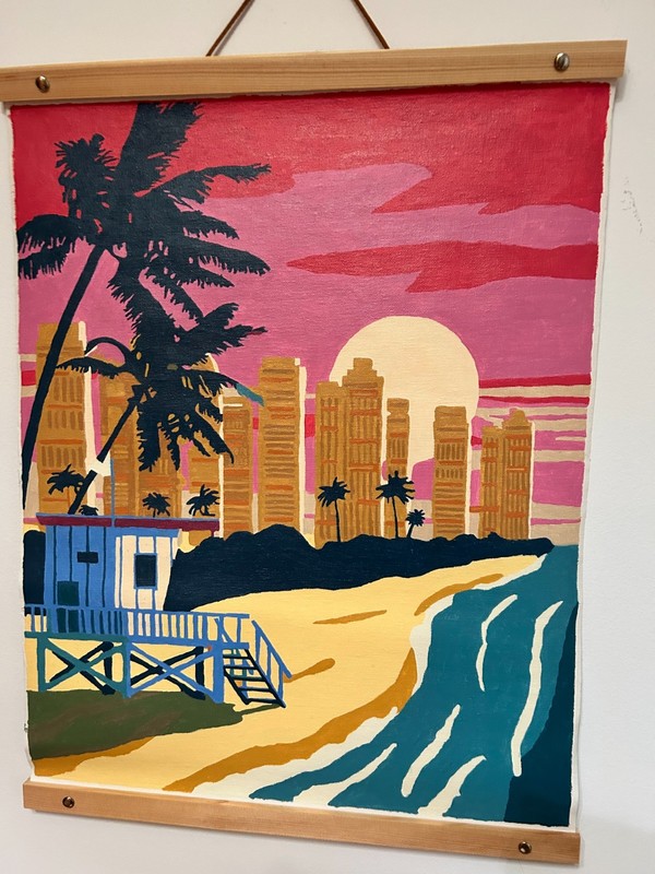 Exotic Miami Beach Acrylic Painting – 16″ x 20″ – Wood & leather frame
