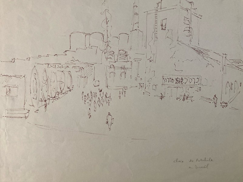 Beautiful Ink Drawing on Paper Rothschild Israel City Georges Massa 1960 Vintage