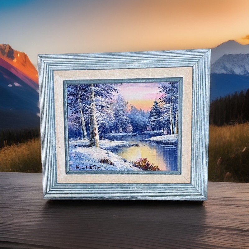 15″ x 13″ Oil Painting Framed Signed Winter Forrest River Lake Landscape Sunset