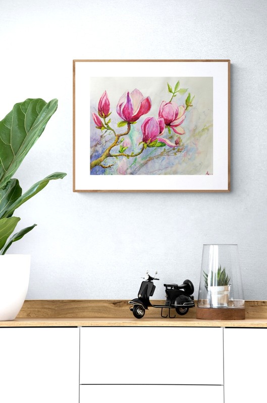 Pink Magnolia Flowers watercolor Painting Spring Floral Wall Art Décor gallery