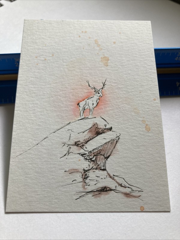 ACEO Original Watercolor Painting ATC Artist Trading Card OOAK Buck Deer gallery