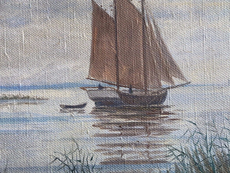 Oil painting undeutl. sign. View of sailboat at sea with lighthouse reed gallery