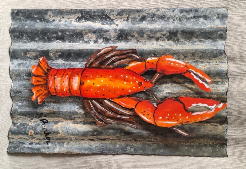 Original Lobster Painting on Tin Kimberly Parker New Orleans 9×13″