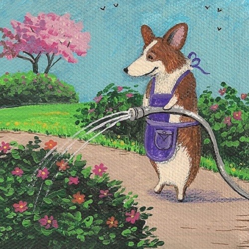 4×4 FOLK ART PRINT OF PAINTING PEMBROKE WELSH CORGI RYTA SPRING FLOWERS GARDEN
