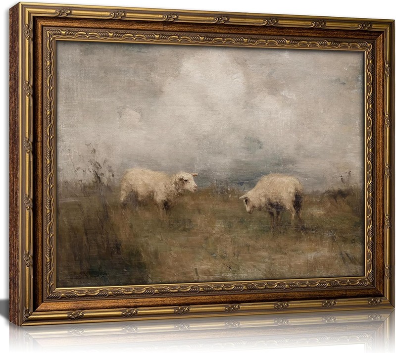 Vintage Gold Framed Sheep Painting - Rustic Wall Art for Tranquil Spaces gallery