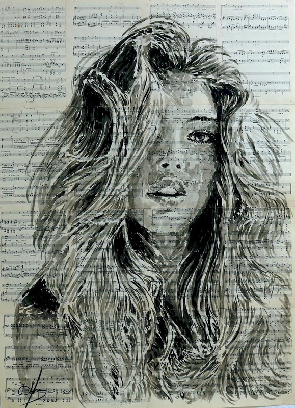 Large Portrait Painting on Vintage Sheet Music, Acrylic Ink, 43 x 32 inches