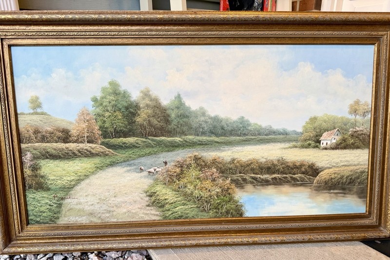 P. Wilson Signed Framed Large Canvas Landscape River Cottage Tree Painting 24×48