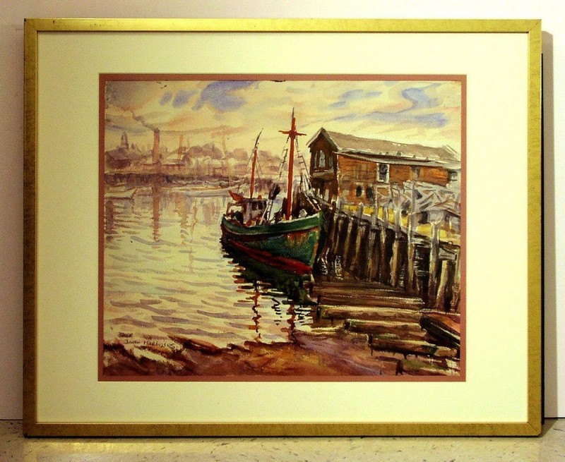 Large Original Joseph Margulies Watercolor The Green Boat at Provincetown Harbor