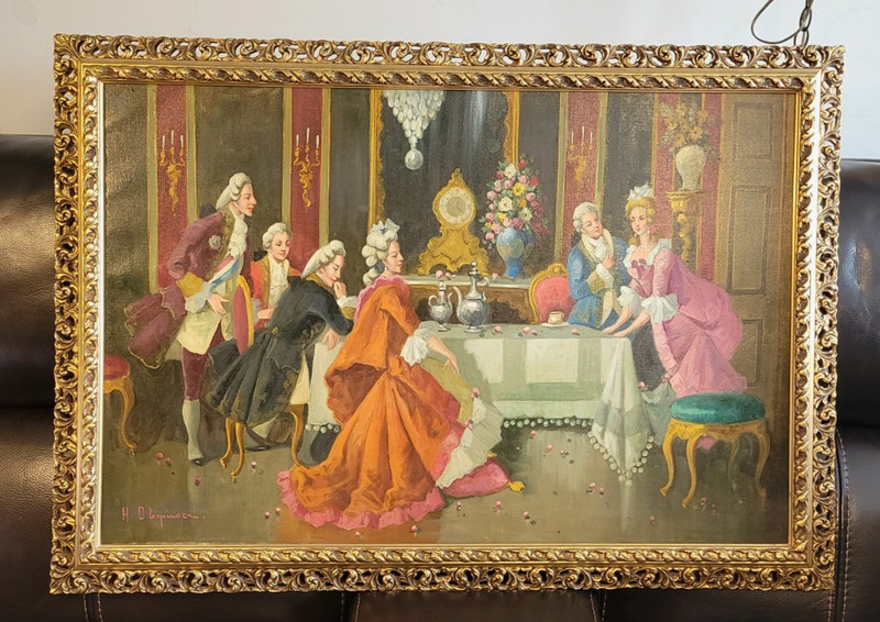H D’ESPINOZA SIGNED OIL PAINTING ROCOCO TEA AT VERSAILLES SALON COURTSHIP SCENE