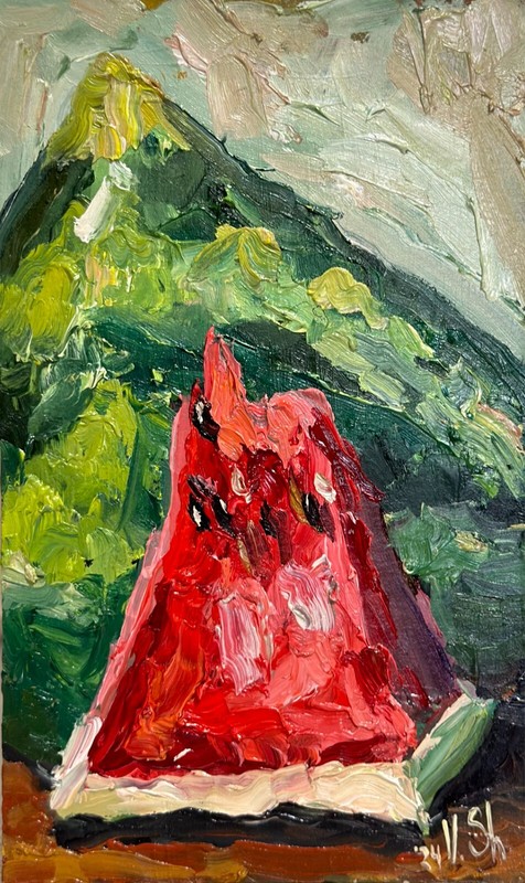 Watermelon Fruit Original Oil Painting Still life Food Art Round Signed Kitchen