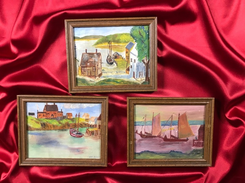 VINTAGE c1950s Unsigned SET OF 3 Original Oil Paintings SCENES BY THE WATER