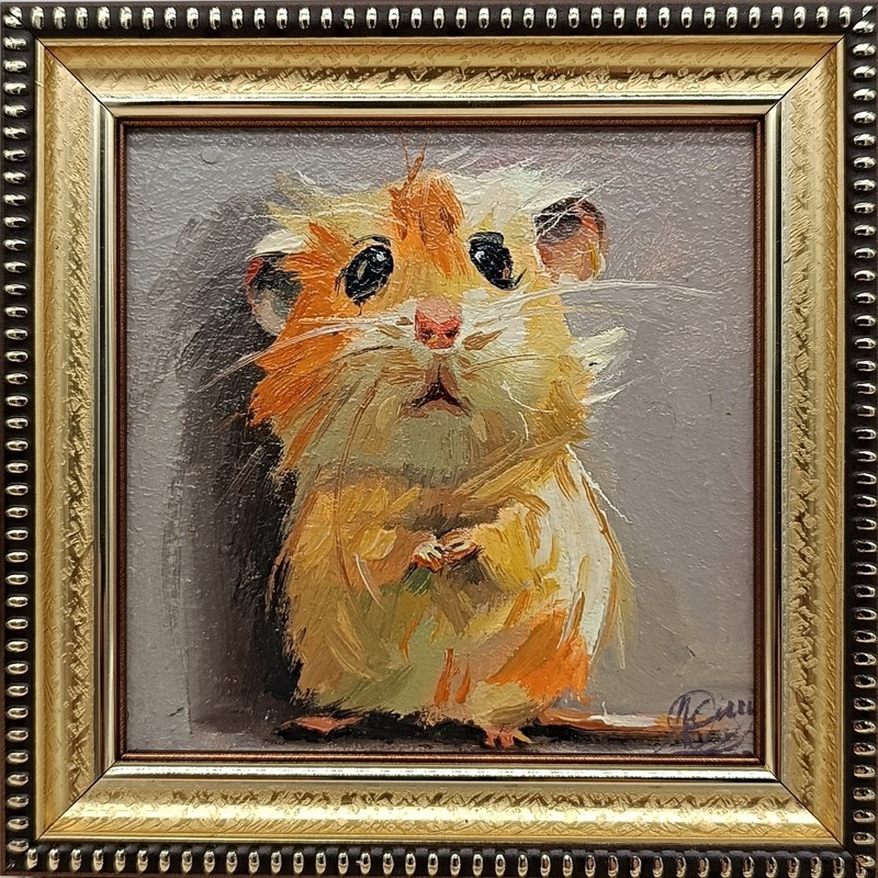 Original oil painting signed framed 4×4 inches Mouse