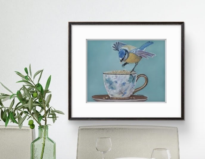 Original Expressive Tea Time Bird #1 14 x 11 Matted Pastel Painting gallery
