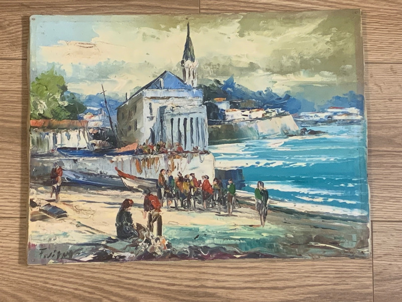 Original Signed Folihny Coastal Harbor Oil Painting Nautical Marina Scene
