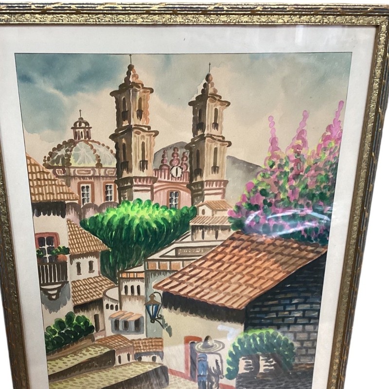 Original Watercolor Painting Mexican Chinese Village Scene Framed Art by Raul