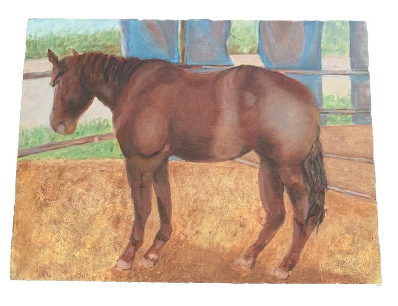Modern Brown Horse In Stable Painting Canvas 9”T 12”W c May 2010