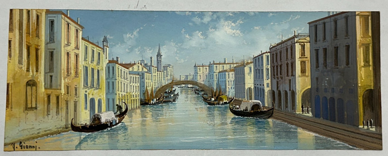 Yves Gianni Signed Original Painting Chioggia Lombardo 5″x13″ Italy Canals