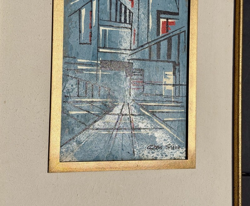 Chas Stone Geometric Abstract Industrial Painting MCM 33.5”x15.5” Blue Signed gallery