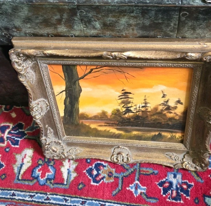 Vintage Oil Painting Art Woodland River Autumn Scene Signed W. Kevet Framed 8x10 gallery