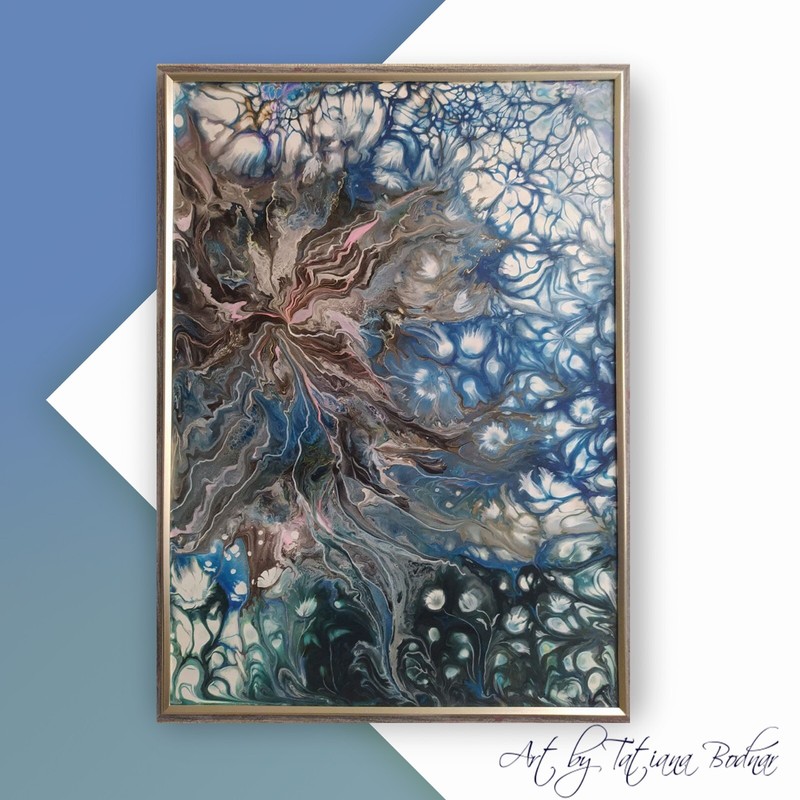 Acrylic pour painting on panel Fluid art Abstract blue framed painting 28x20" gallery