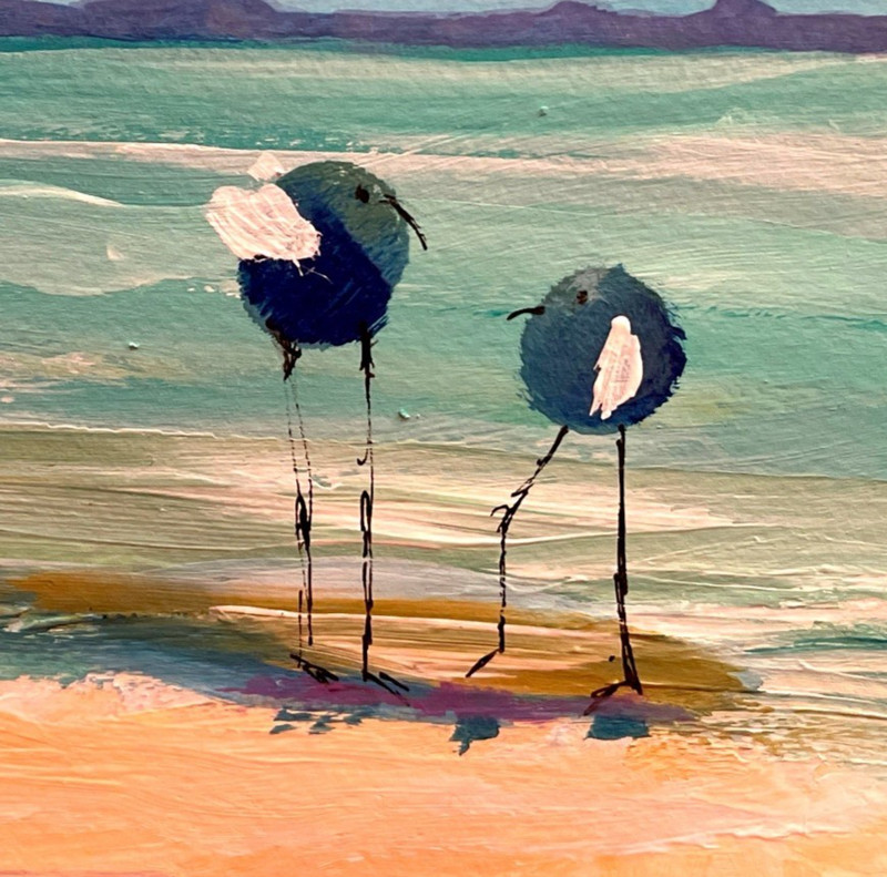 Mary Myers Original Beach Birds Abstract Expressionism 8x8 on cradled wood gallery