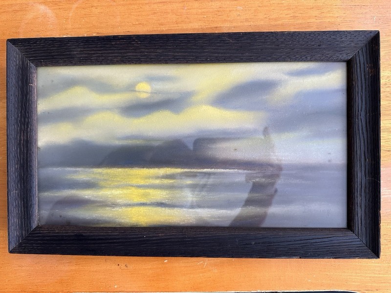 Atq Orig Gouache Painting Old Nocturne Yellow Sun/Moonlight Seascap Ocean Signed gallery