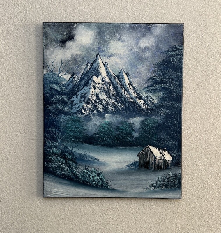 Blue winter original landscape oil painting “Teton Winter” Bob Ross style art