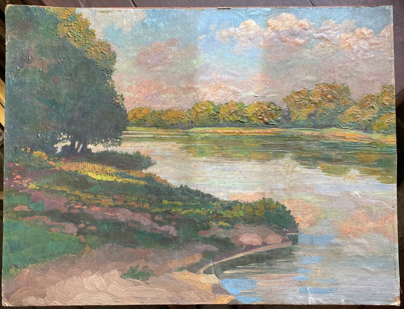 ::AUTUMN SHORE SECESSION SIGNED OIL PAINTING FOR RESTORATION EVENING MOOD ANTIQUE