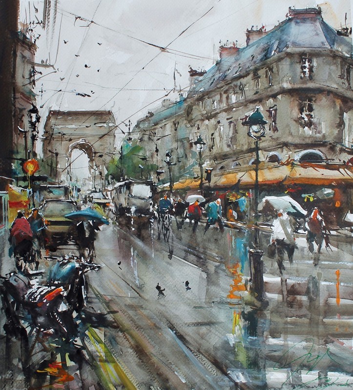 ORIGINAL PAINTING in WATERCOLOR PARIS ARCH DE TRIOMPHE CITY SCAPE RAIN 15″x 12″