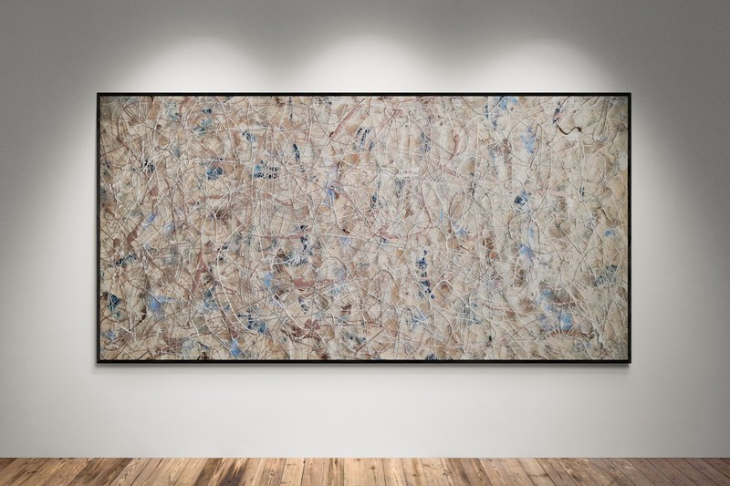 XXL Jackson Pollock Style Abstract Painting – Sand Rose Gold Canvas 78×39 in