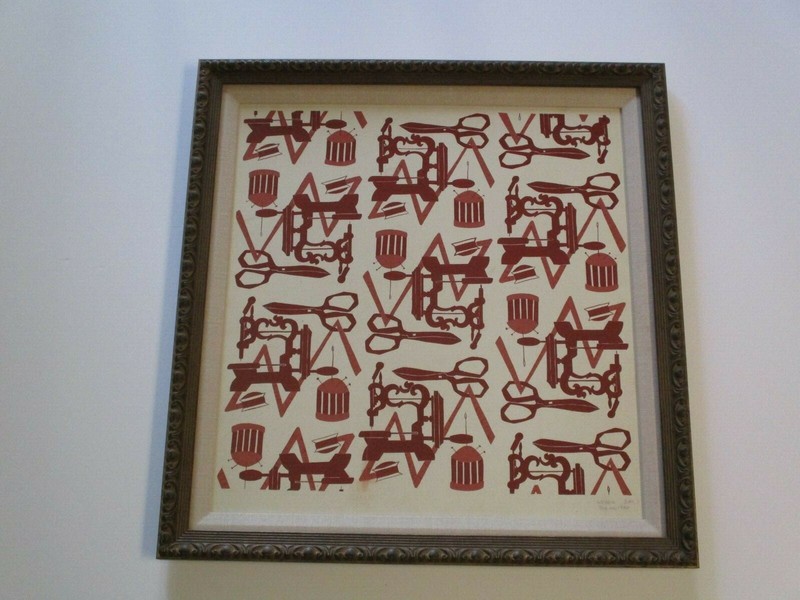 ANTIQUE PAINTING VINTAGE ILLUSTRATION POP MODERNIST SEWING MACHINE SCISSORS OLD