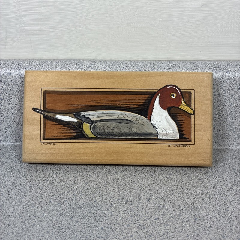 Original Painting Pintail Duck Signed Wall Art Cottagecore Vtg Wooden Hanging