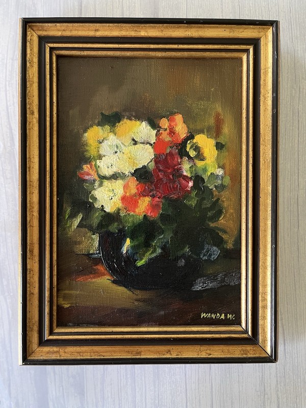 Vintage Still Life Floral Original Painting On Canvas Framed Signed 12×9