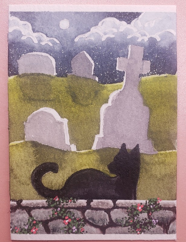 aceo original art ooak framed ghost kitty cat cemetery full moon signed