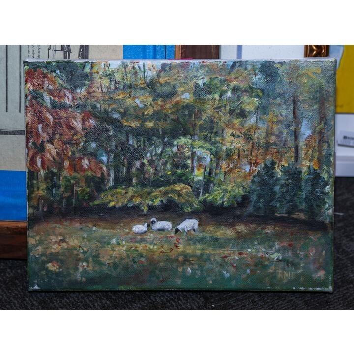 ROBERTA M. BERNSTEIN. Sheep In The woods Oil Painting Rare Art 9 1/2 x 12 in